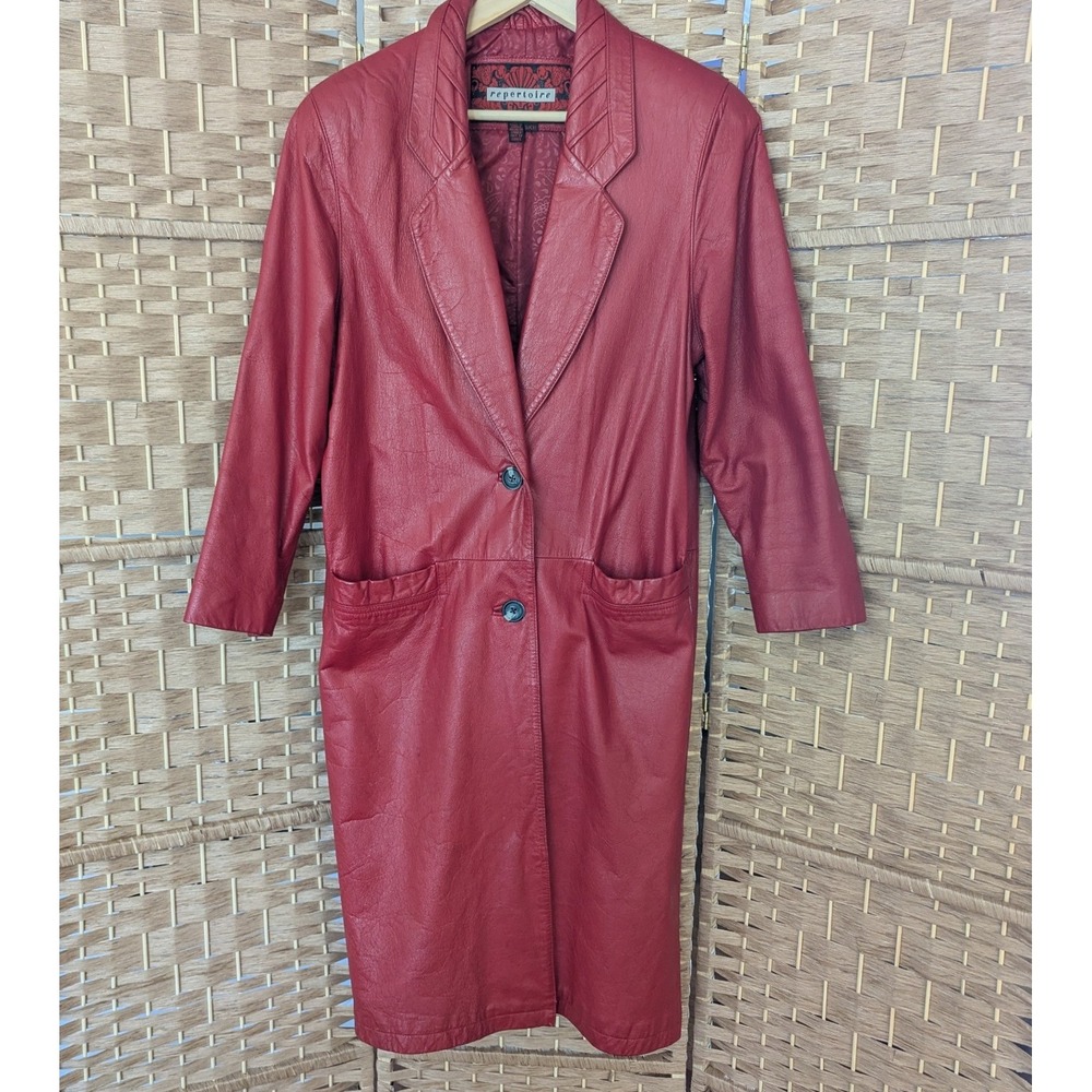 Vtg 90's Red Oxblood Genuine‎ Leather Trench Coat Duster Classic Minimalist Sz S